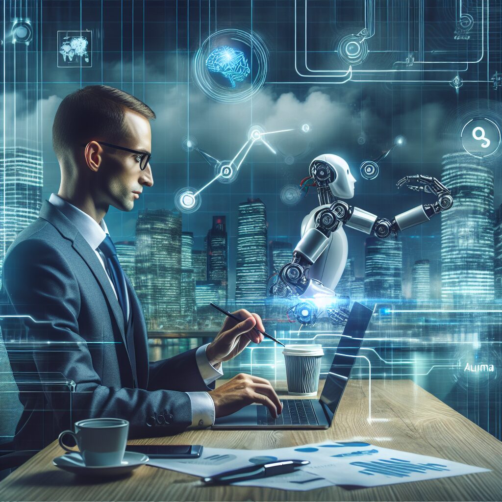 Robôs e software colaborando em um ambiente empresarial moderno.