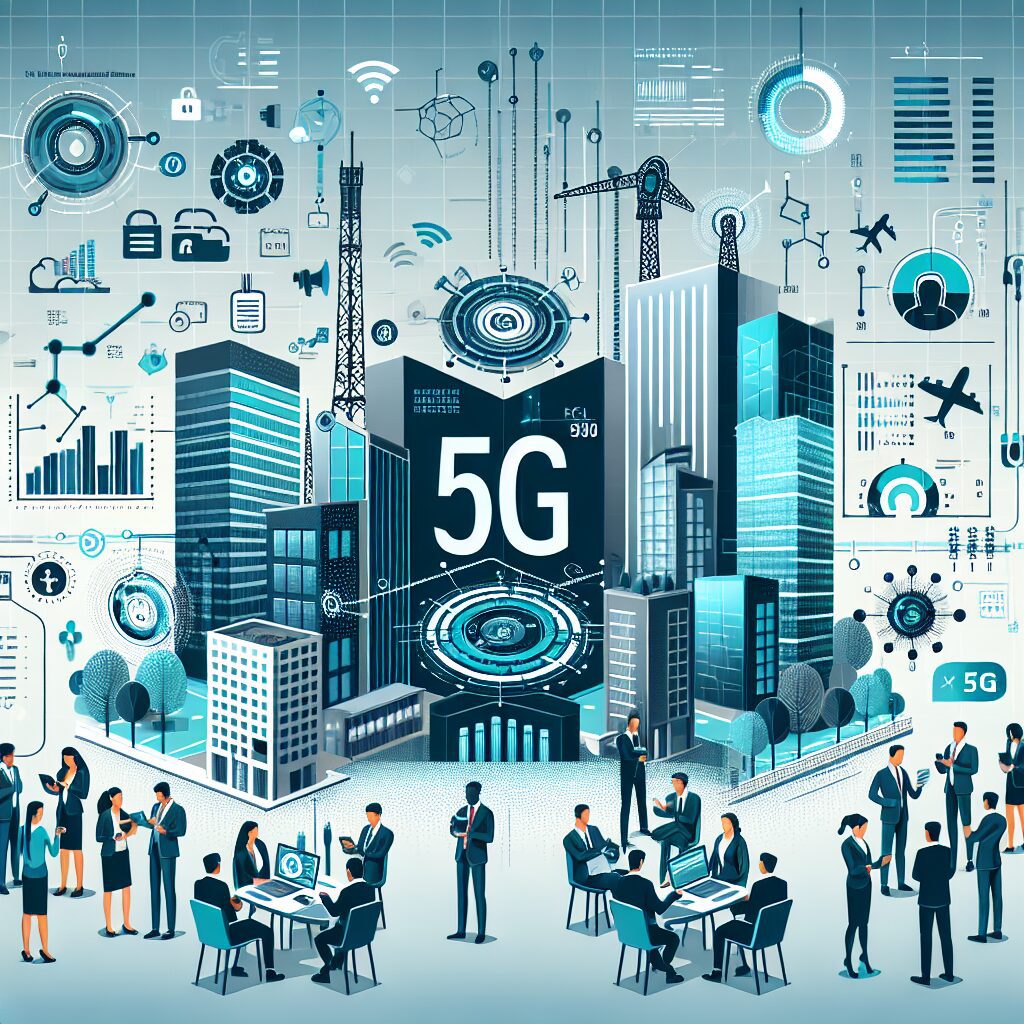 Rede 5G com ícones de dispositivos conectados e velocidade ultrarrápida.