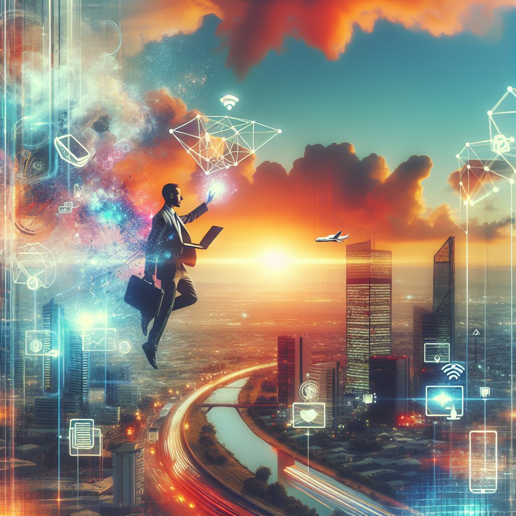 Evolução dos serviços de telecomunicações com ícones de tecnologias antigas e modernas.