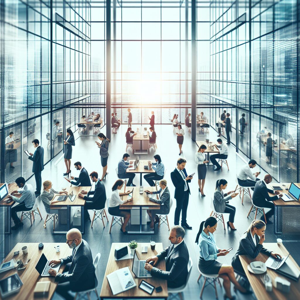 Profissionais se conectando em um ambiente de trabalho moderno e colaborativo.