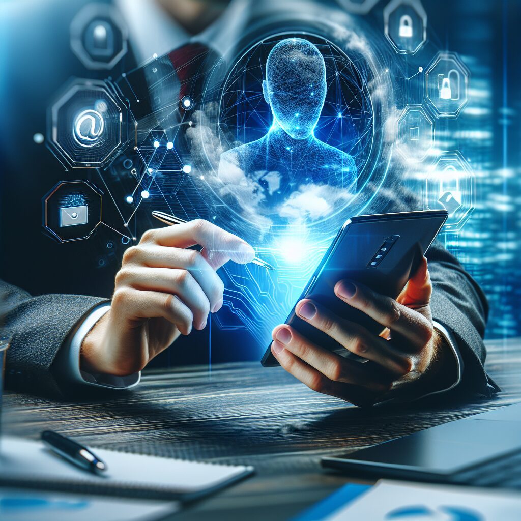 Imagem de um smartphone protegido por um cadeado digital e ícones de segurança.