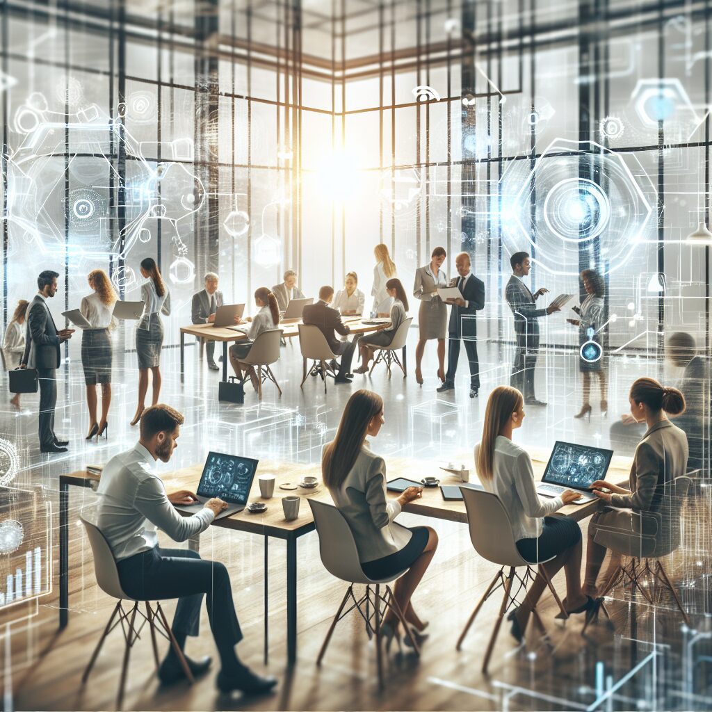 Funcionários trabalhando em um ambiente colaborativo e flexível com dispositivos móveis.