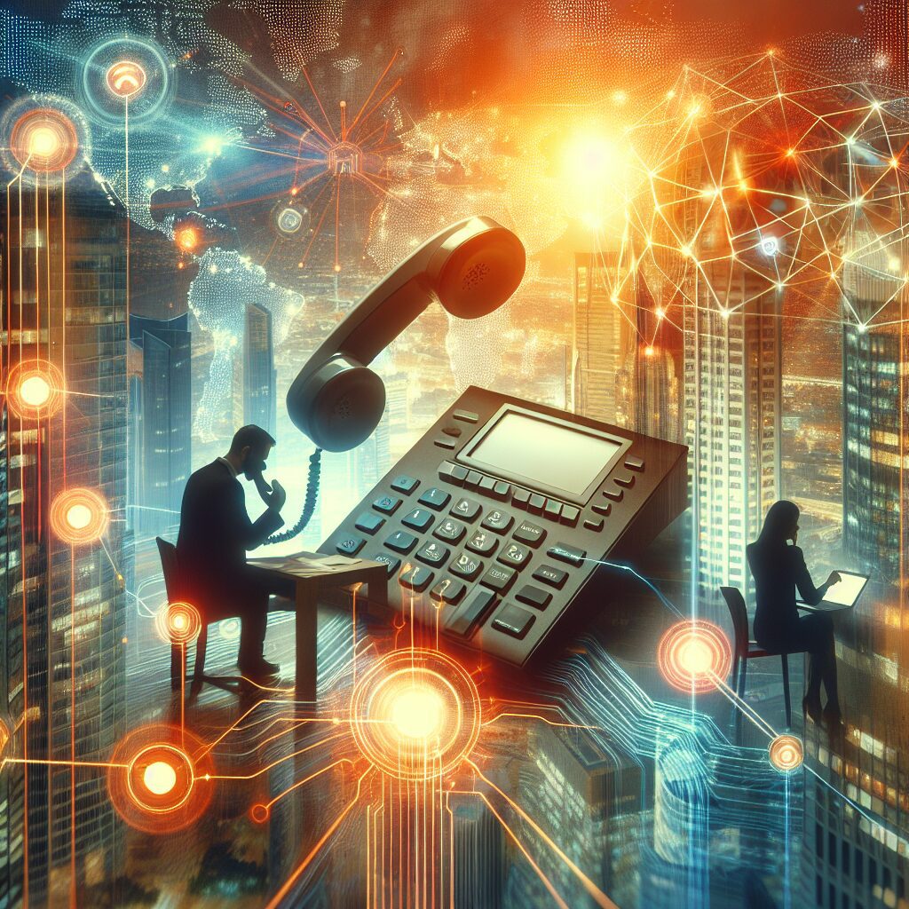 Colaboradores utilizando tecnologia de Telefonia IP em um ambiente de escritório moderno.
