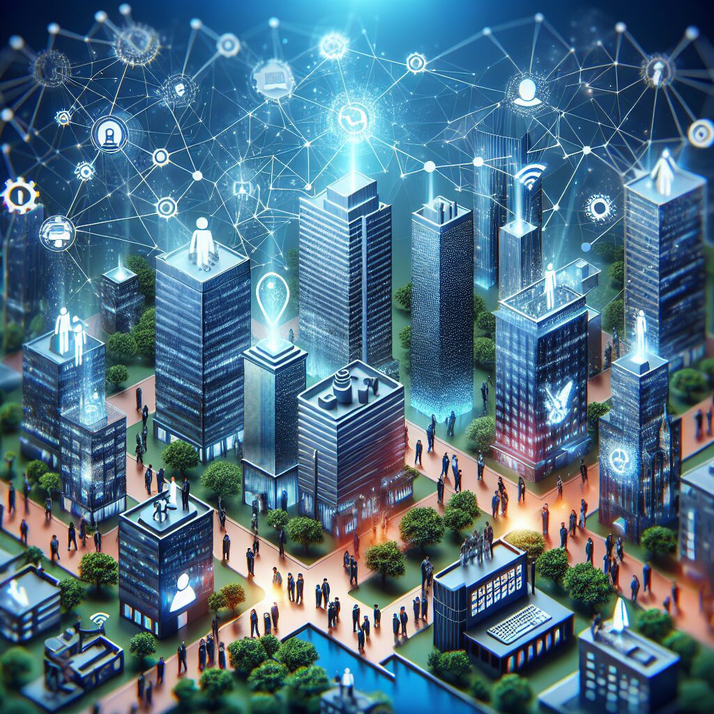 Rede Mesh conectando dispositivos em um ambiente comercial moderno.