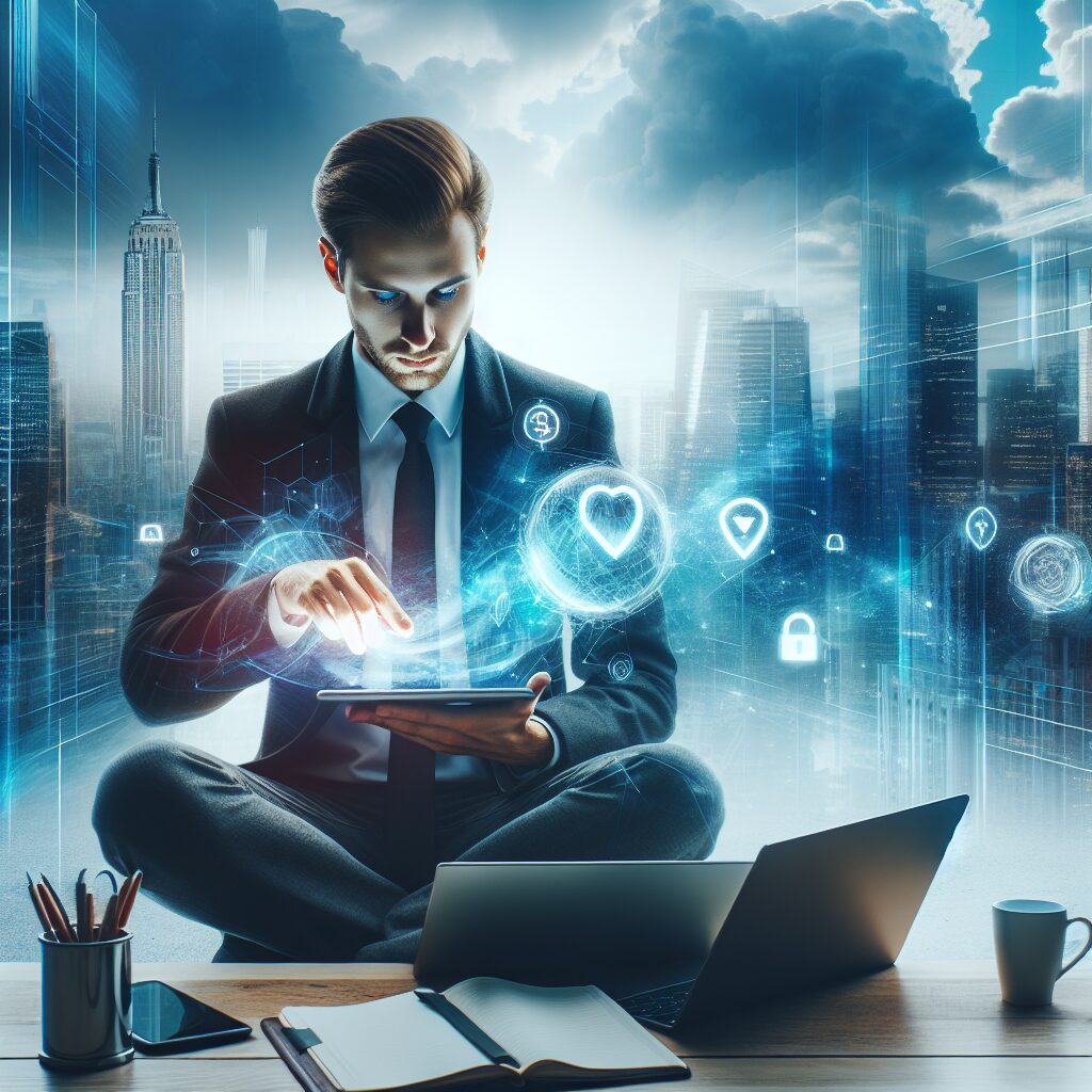 Funcionário utilizando dispositivo móvel no ambiente de trabalho com segurança.