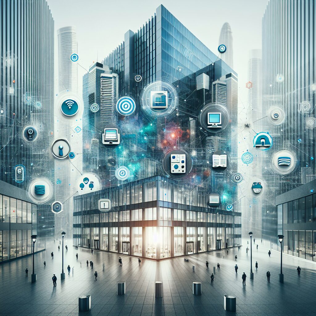 Equipamentos de IoT na gestão de facilities, com sensores conectados e sistemas de monitoramento.