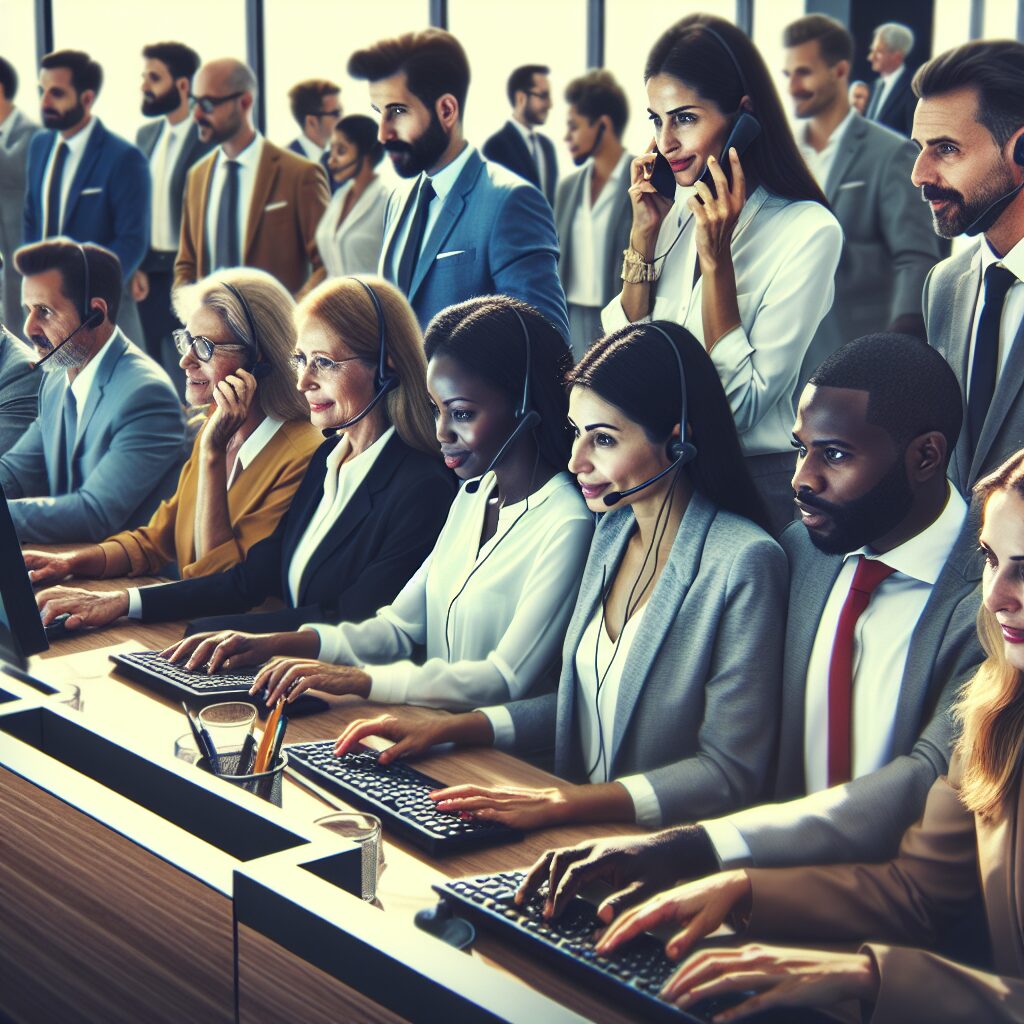 Equipe de help desk colaborando em um ambiente de escritório moderno.