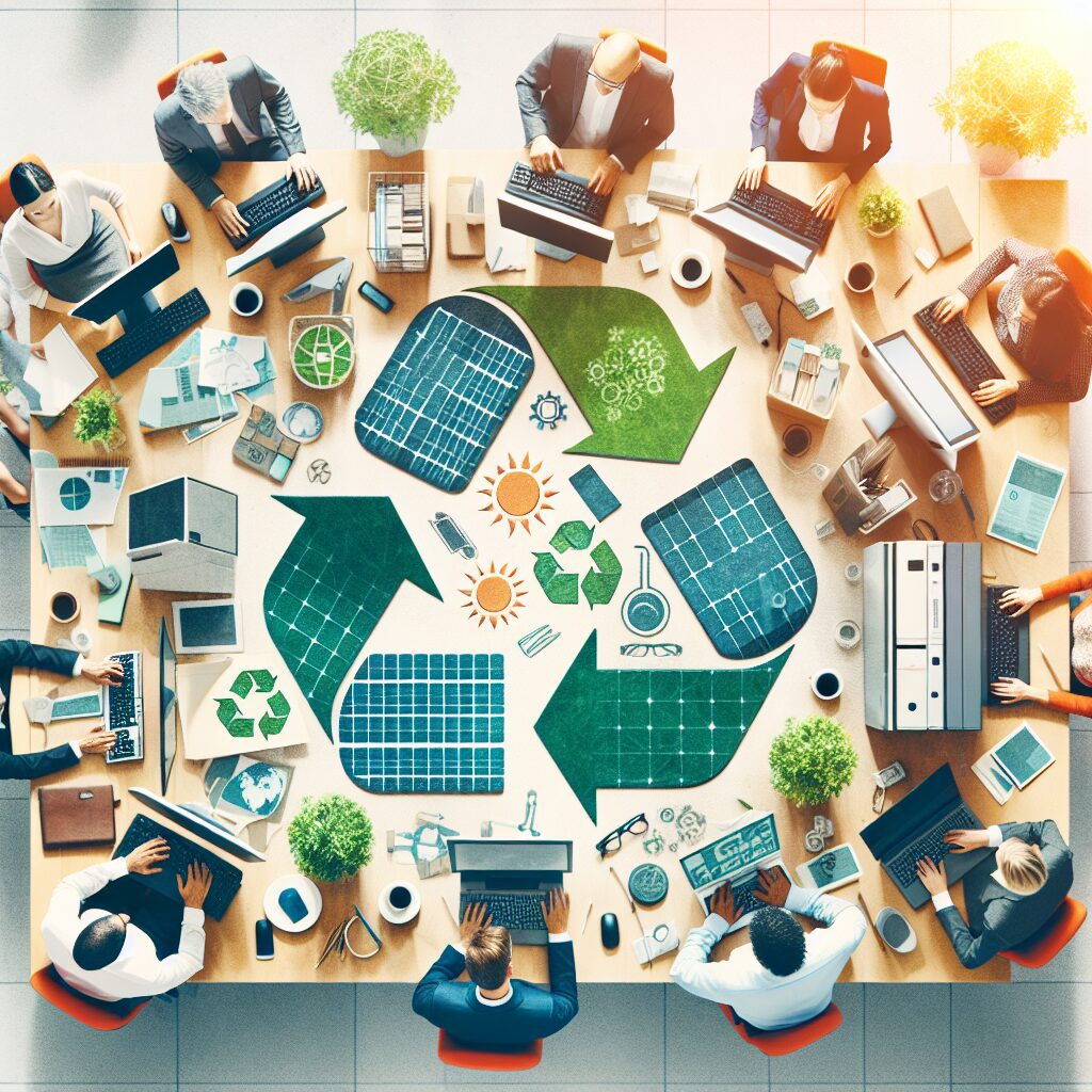 Escritório ecológico com plantas e soluções de tecnologia sustentável.