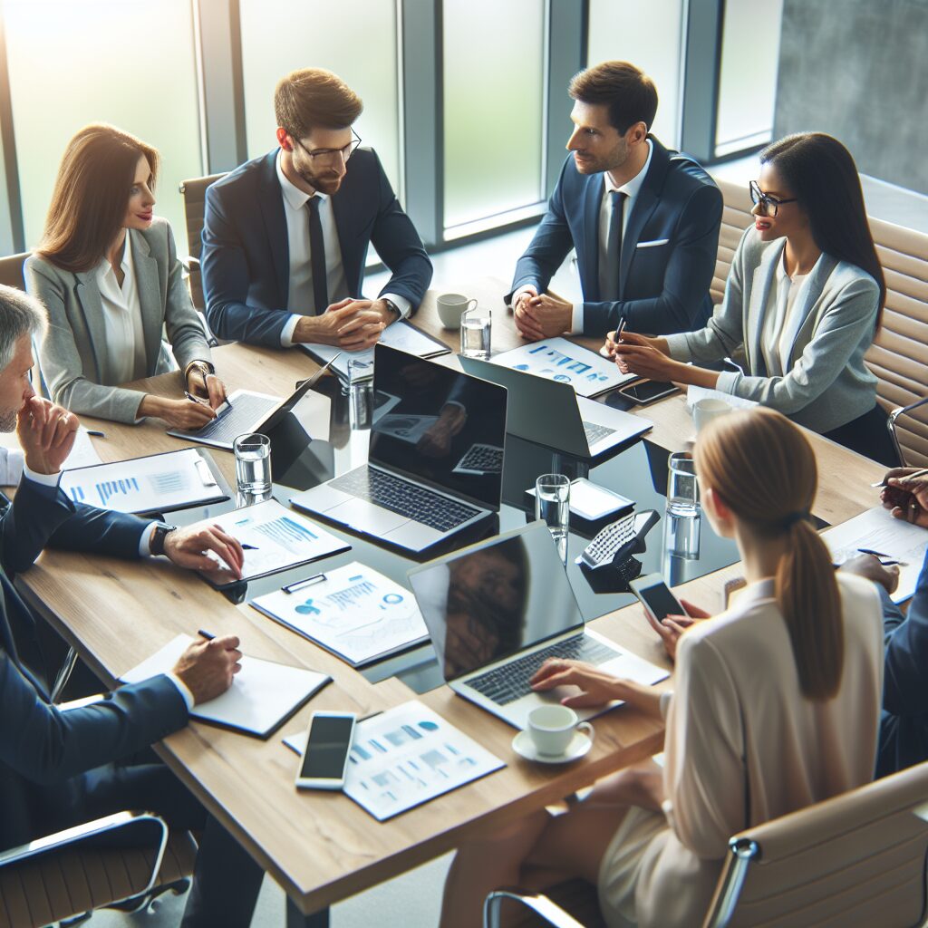 Pequeno empresário analisando gráficos de telecomunicações em computador com equipe ao fundo.