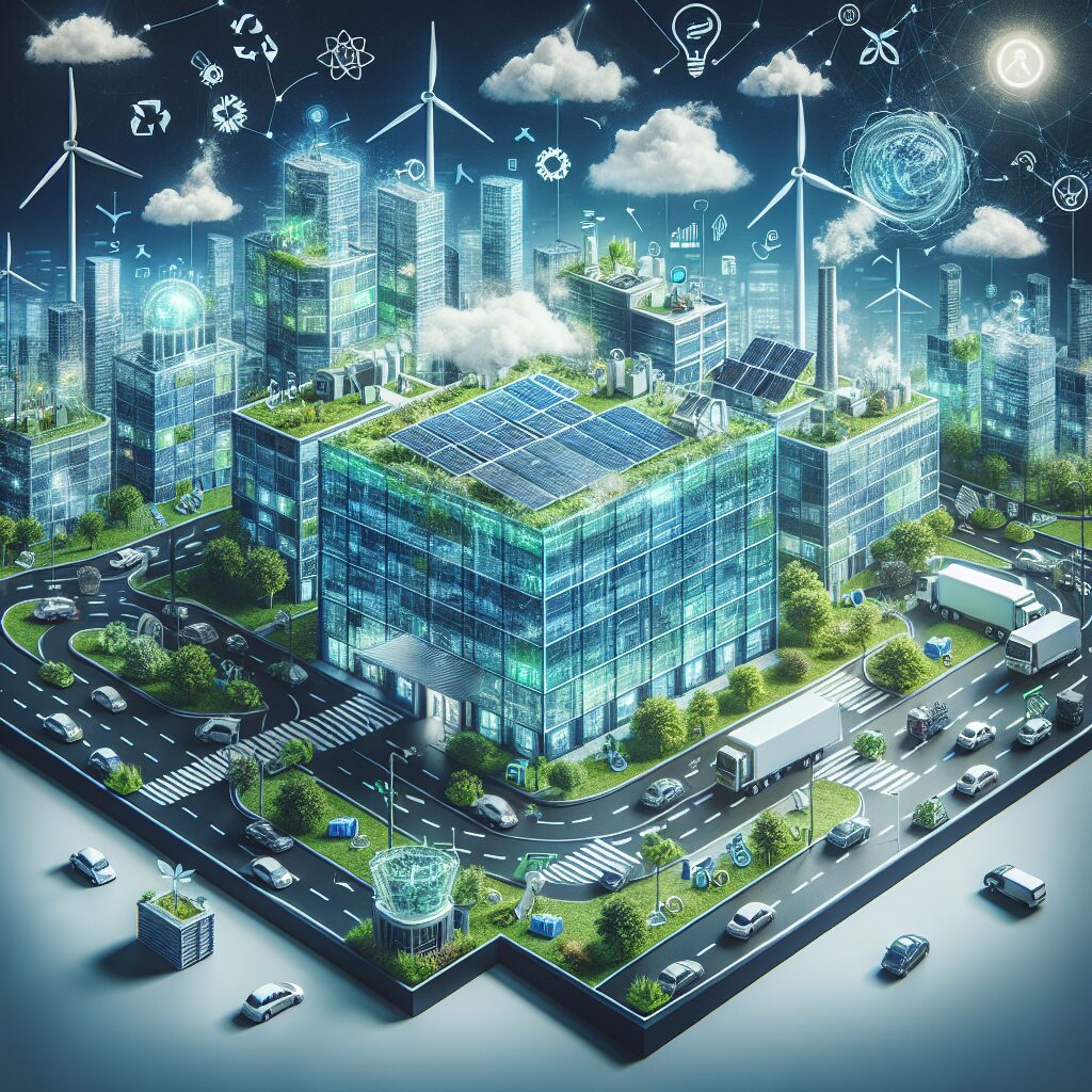 Edifício sustentável com painéis solares e vegetação no telhado.