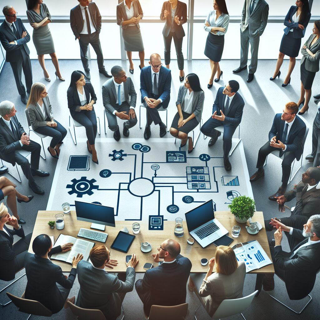 Colaboradores de TI e Facilities se comunicando em um ambiente de trabalho moderno.