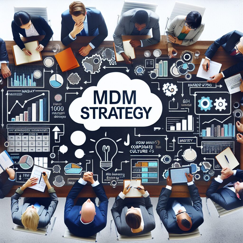 Equipe colaborativa em reunião estratégica sobre cultura corporativa e MDM.
