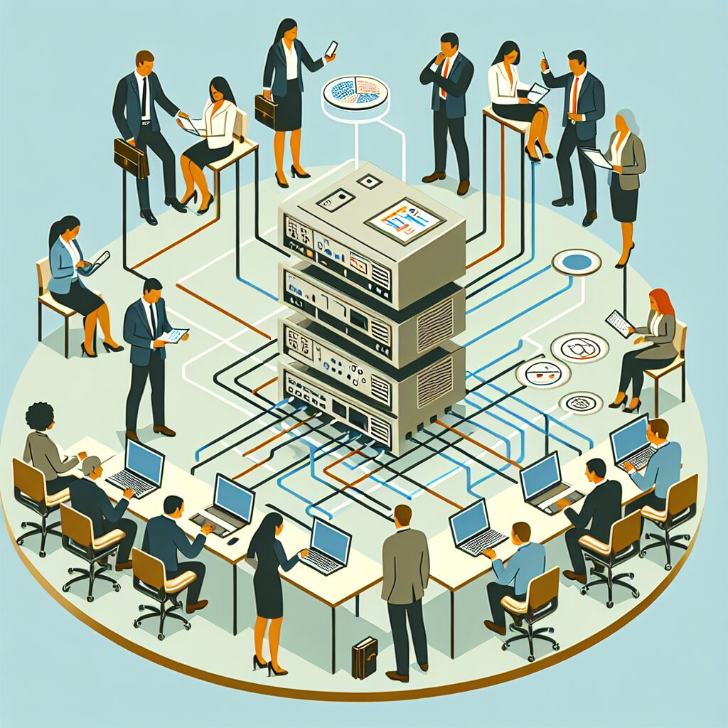 Estrutura de um PMO em gestão de telecom empresarial com gráficos e diagramas.