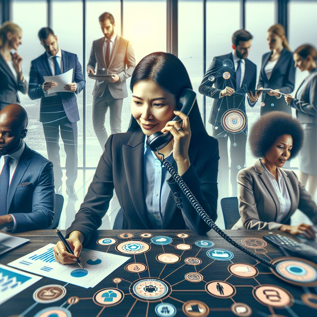 Profissional analisando gráficos de telecomunicações em um ambiente corporativo.