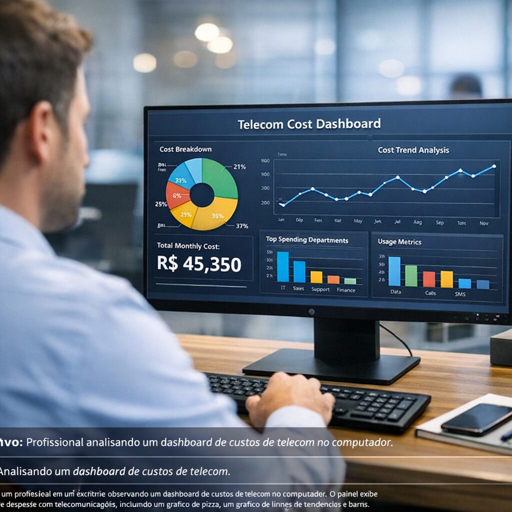 Gráfico de custos de telecomunicações em um dashboard interativo.