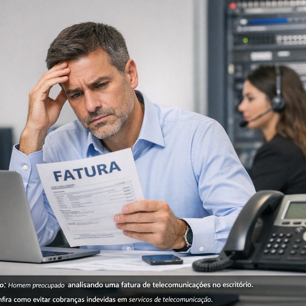 Ilustração de um usuário analisando faturas de telecomunicações com lupa e calculadora.
