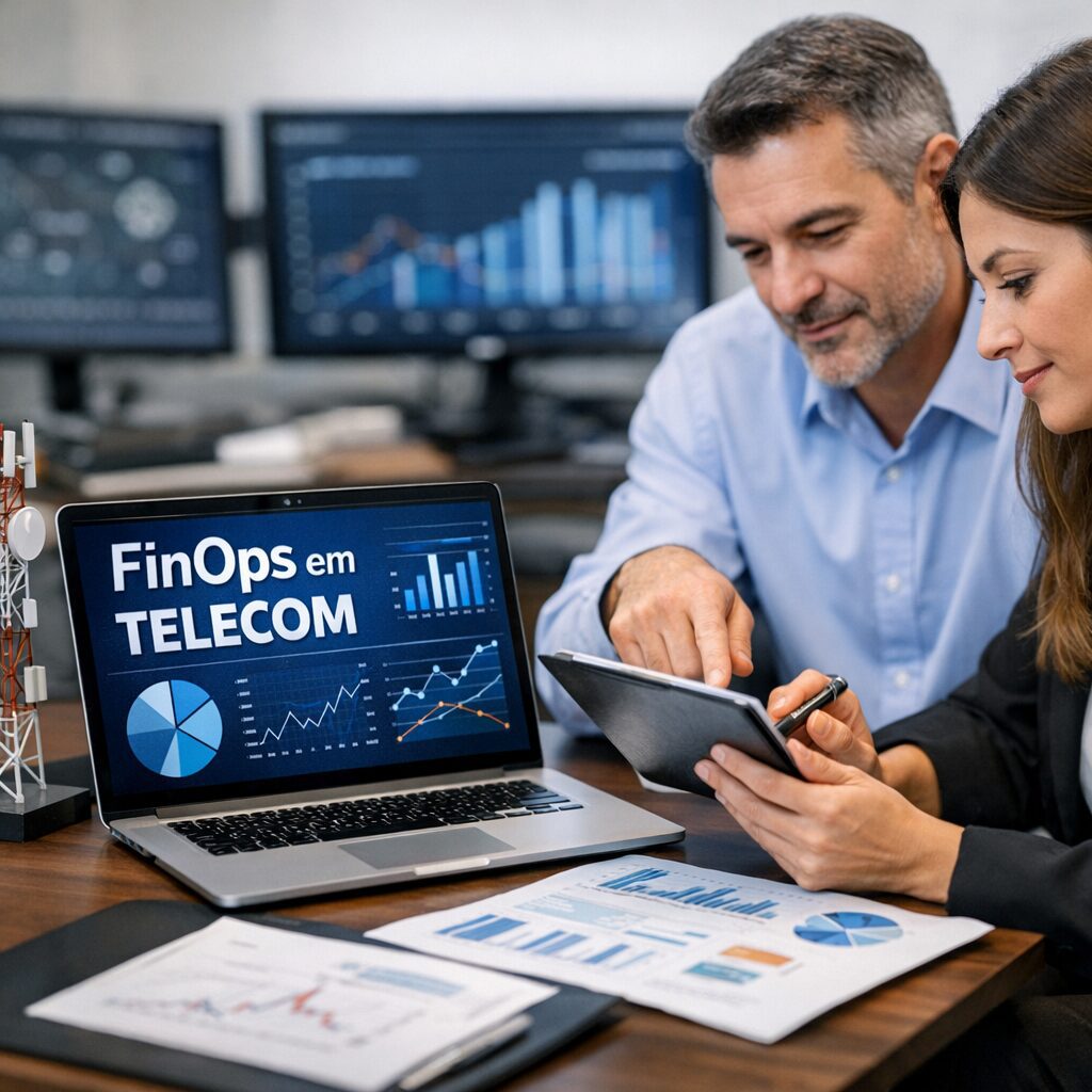 Diagrama ilustrativo de FinOps em Telecom com gráficos e fluxos de trabalho.