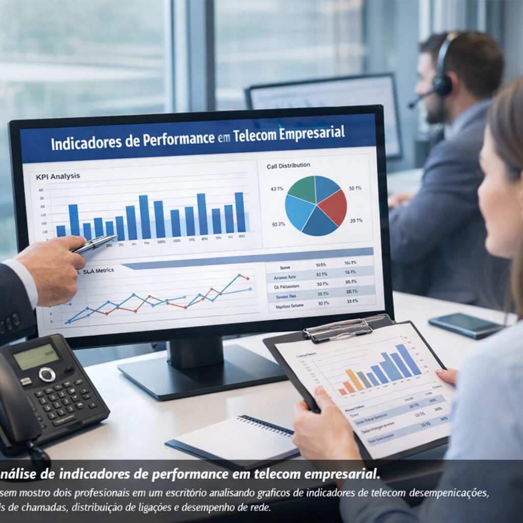 Gráfico de indicadores de performance em telecomunicações empresariais.