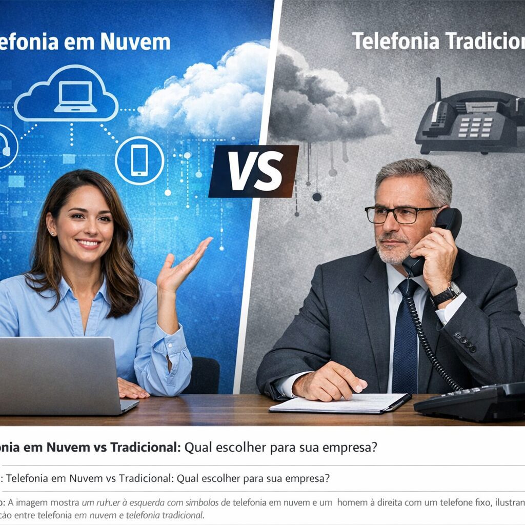 Comparação visual entre telefonia em nuvem e telefonia tradicional.