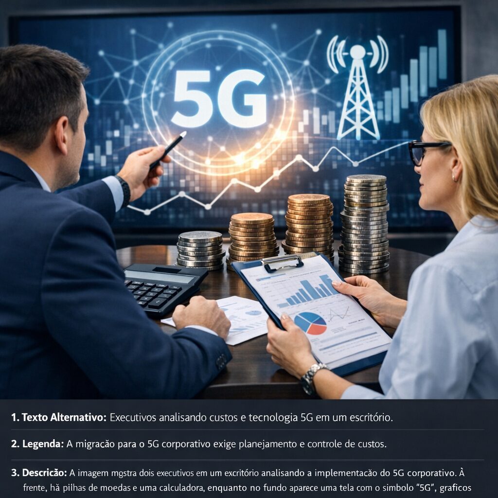 Empresários discutindo sobre a implementação de 5G em ambientes corporativos.