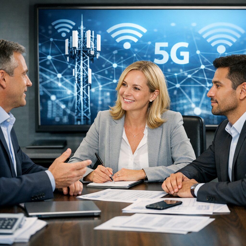 Pessoas discutindo estratégias de negociação com operadoras de telecomunicações.
