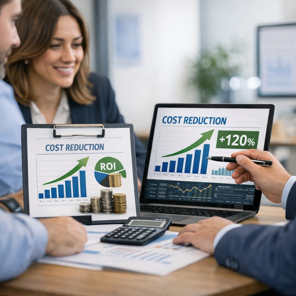 Gráfico ilustrando redução de custos e retorno sobre investimento (ROI) no primeiro mês.