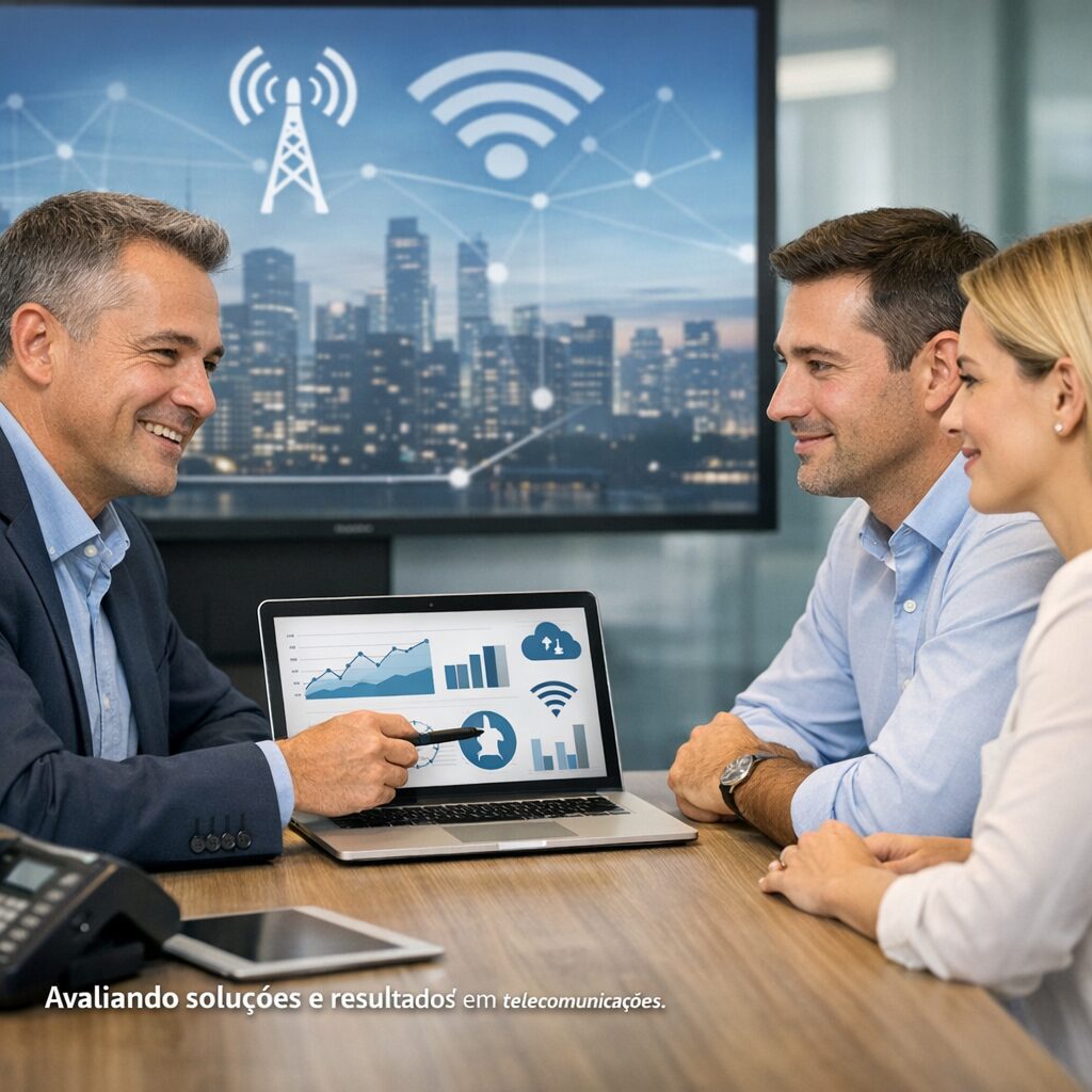 Consultores de telecomunicações discutindo estratégias para eficiência em custos.