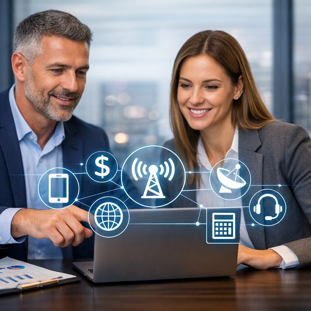 Consultor trabalhando em análise de telecomunicações com gráficos e dados financeiros.