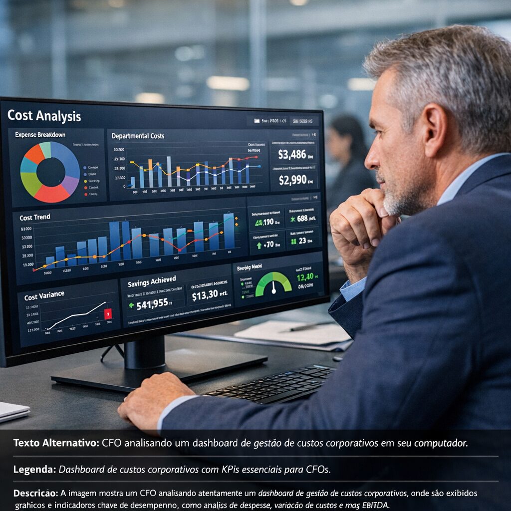 Gráfico de indicadores de desempenho financeiro com foco em custos e KPIs.