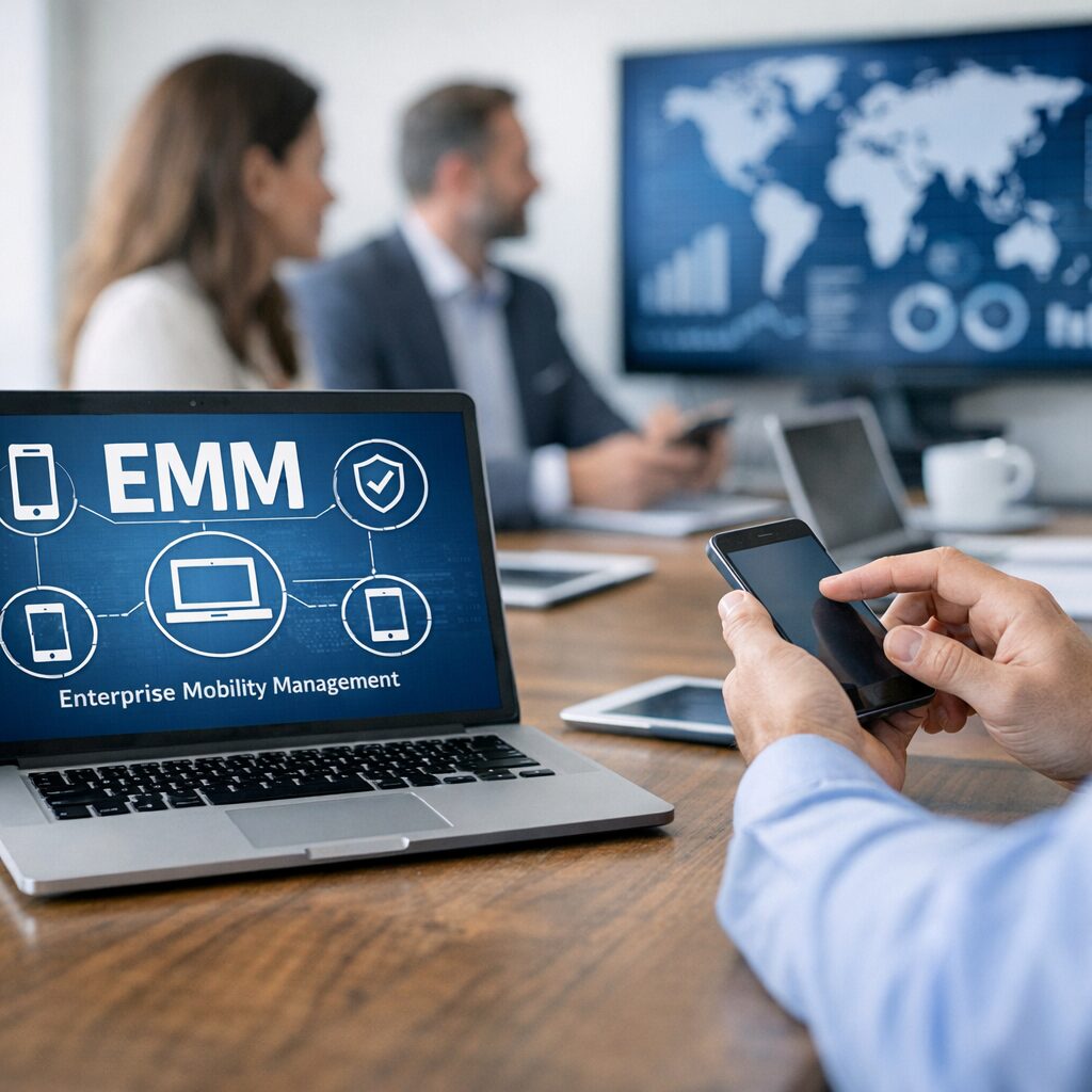 Ilustração da Gestão Unificada de Mobilidade Empresarial (EMM) em ação.