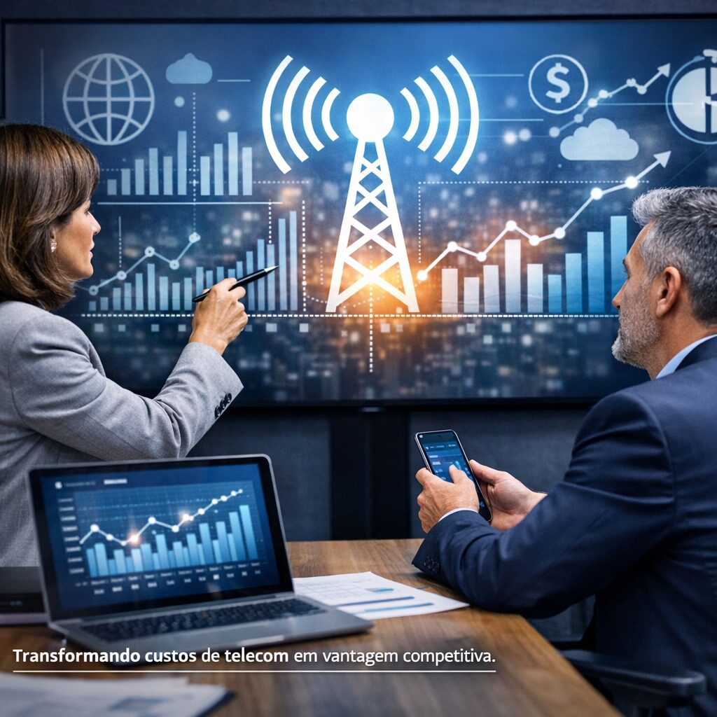 Grupo de profissionais discutindo estratégia em telecomunicações em uma sala de reunião moderna.