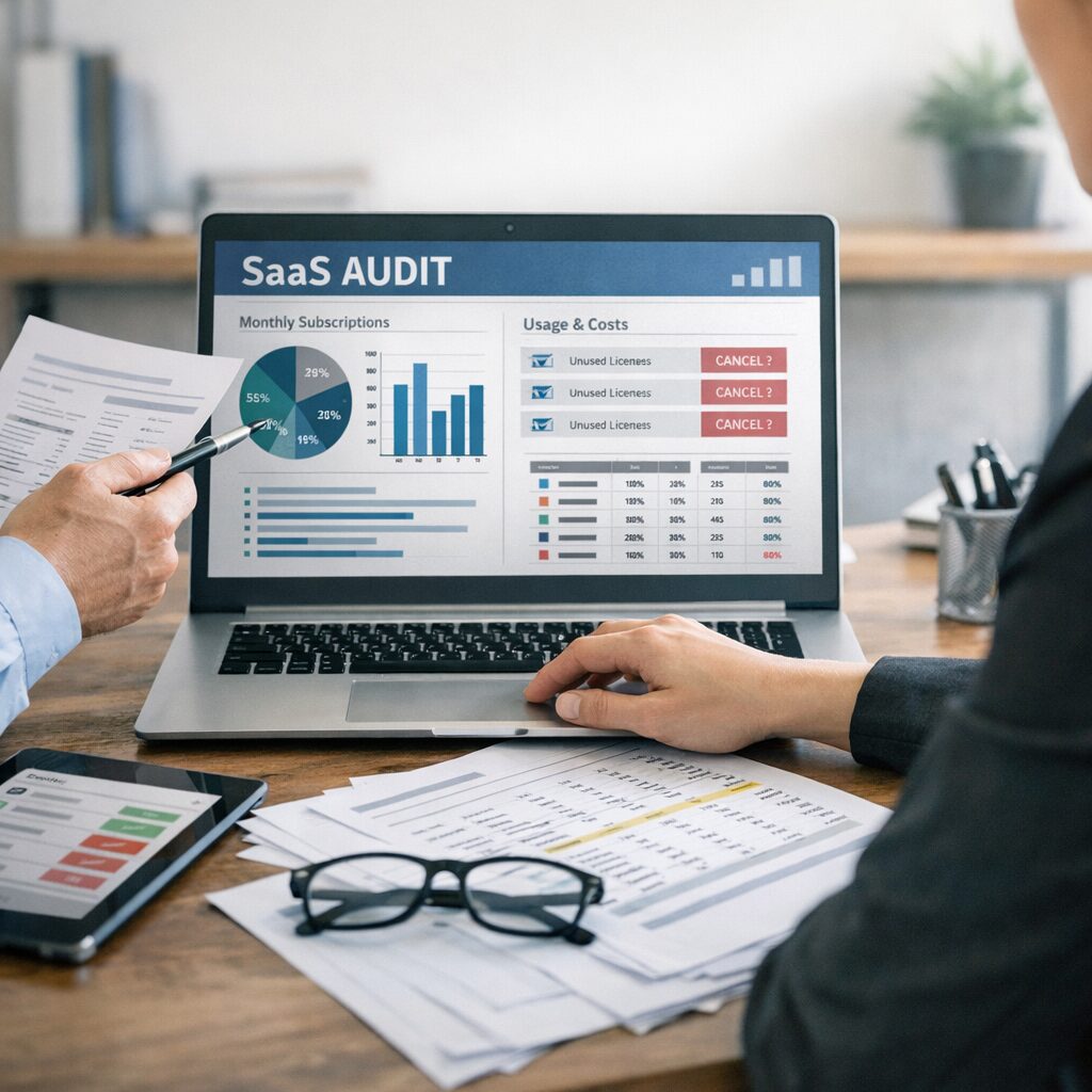 Auditoria de contratos SaaS em ambiente corporativo, com foco em compliance e gestão de riscos.
