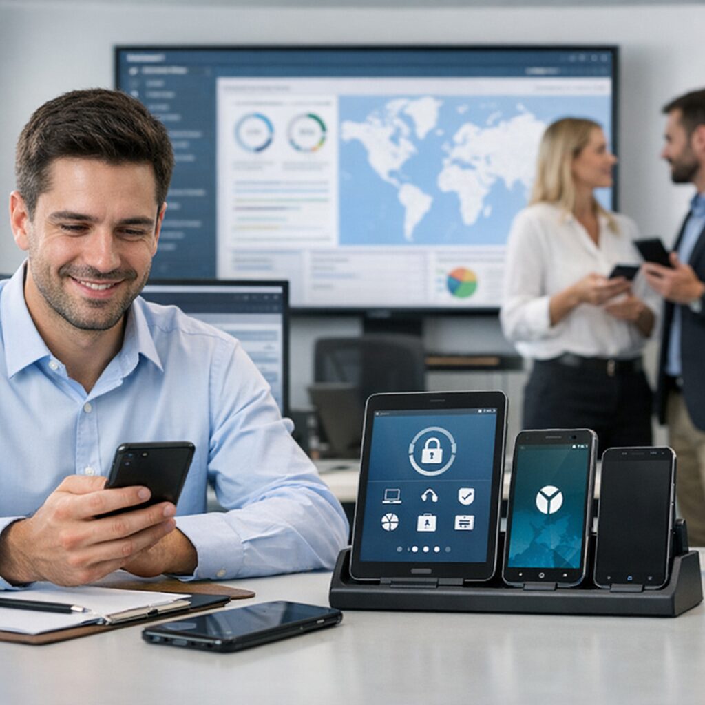 Equipe de profissionais analisando dados em dispositivos móveis corporativos.