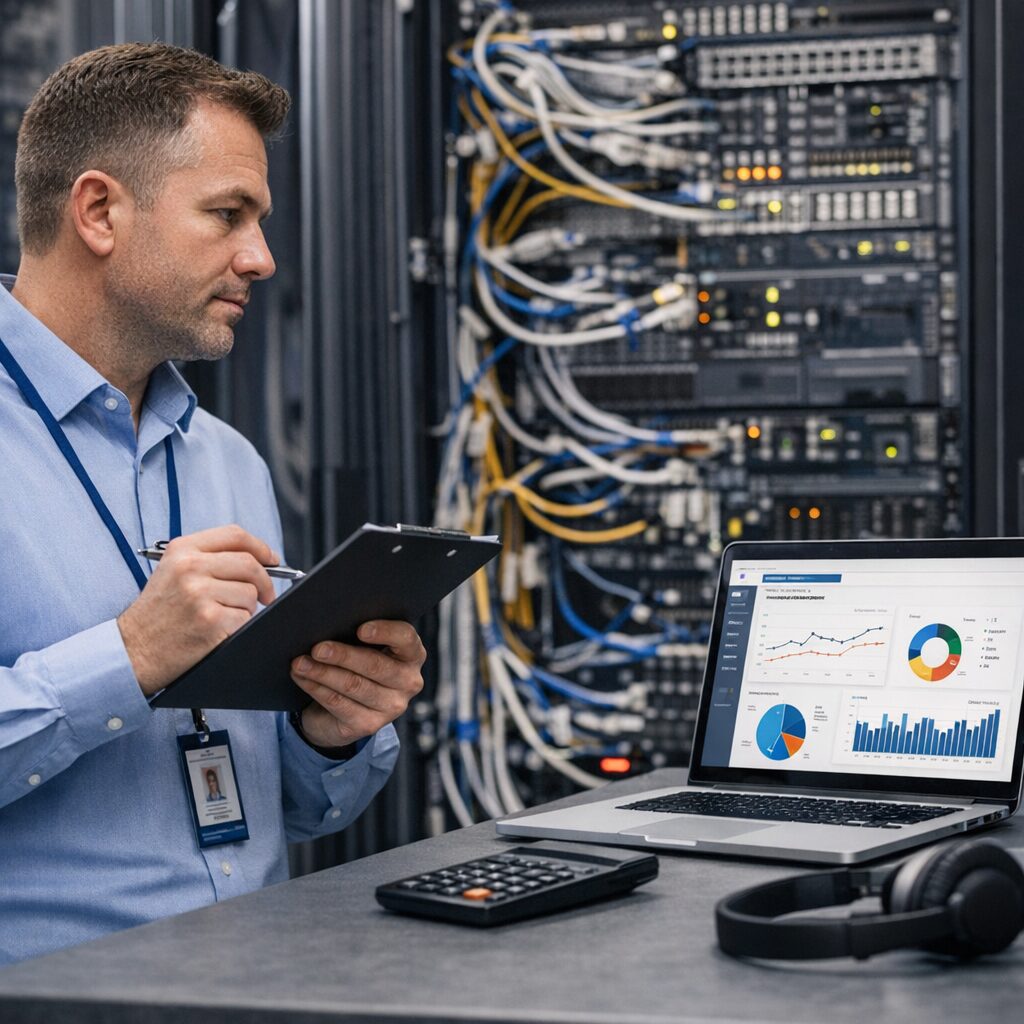 Auditoria de infraestrutura de telecomunicações em uma sala de controle corporativa.