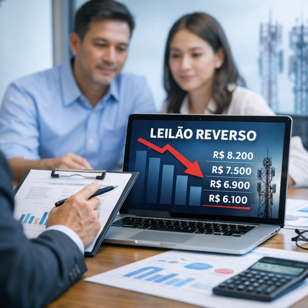 Gráfico ilustrando a redução de preços de serviços de telecomunicações através de leilões reversos.