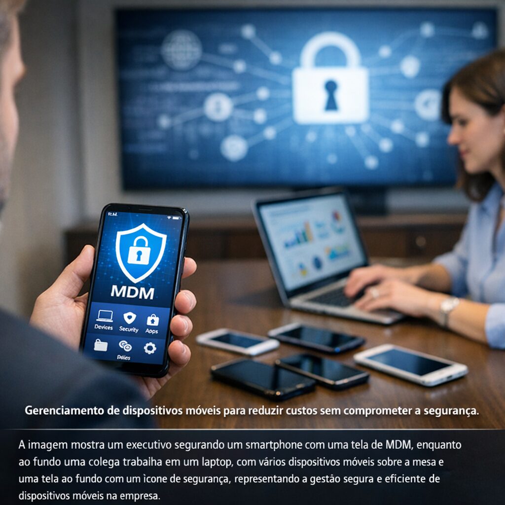 Equipe analisando gráficos de redução de custos em gerenciamento de dispositivos móveis.