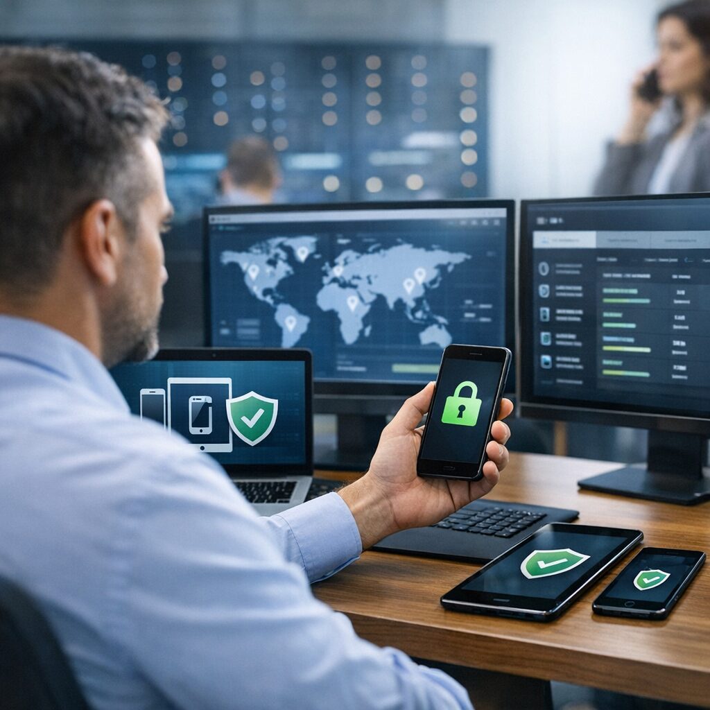 Equipe analisando dispositivos móveis em ambiente corporativo.