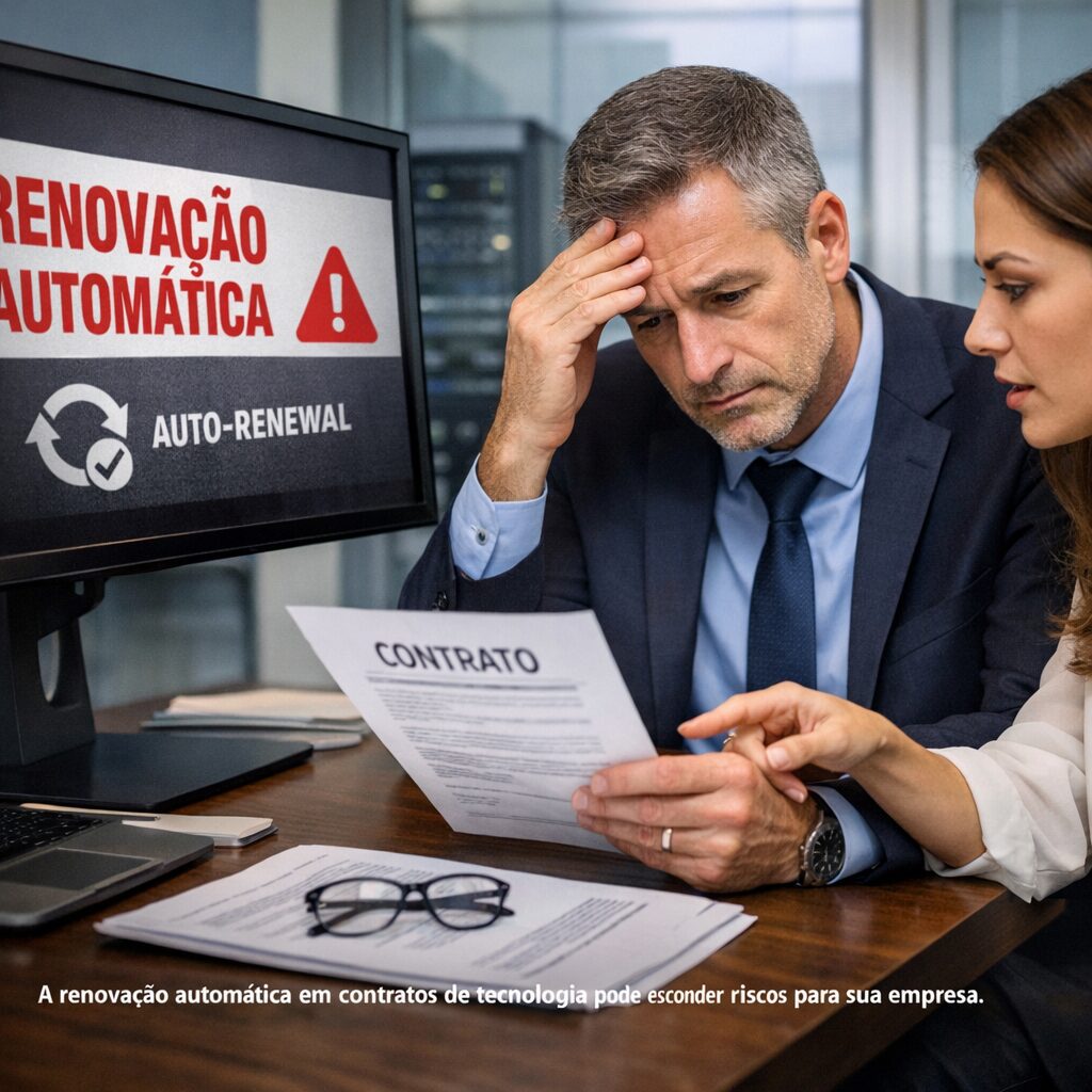 Imagem de um contrato com uma caneta, simbolizando a renovação de serviços de telecom e TI.