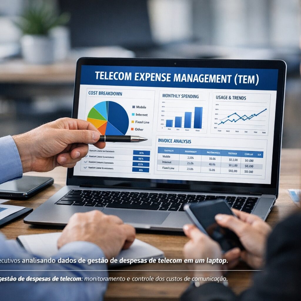 Gerente de telecomunicações analisando dados de despesas em um laptop.