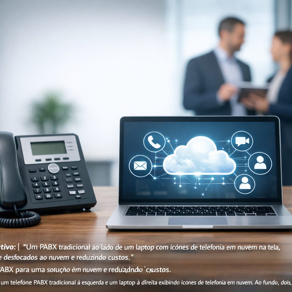 Empresário analisando soluções de telefonia em um ambiente de escritório moderno.