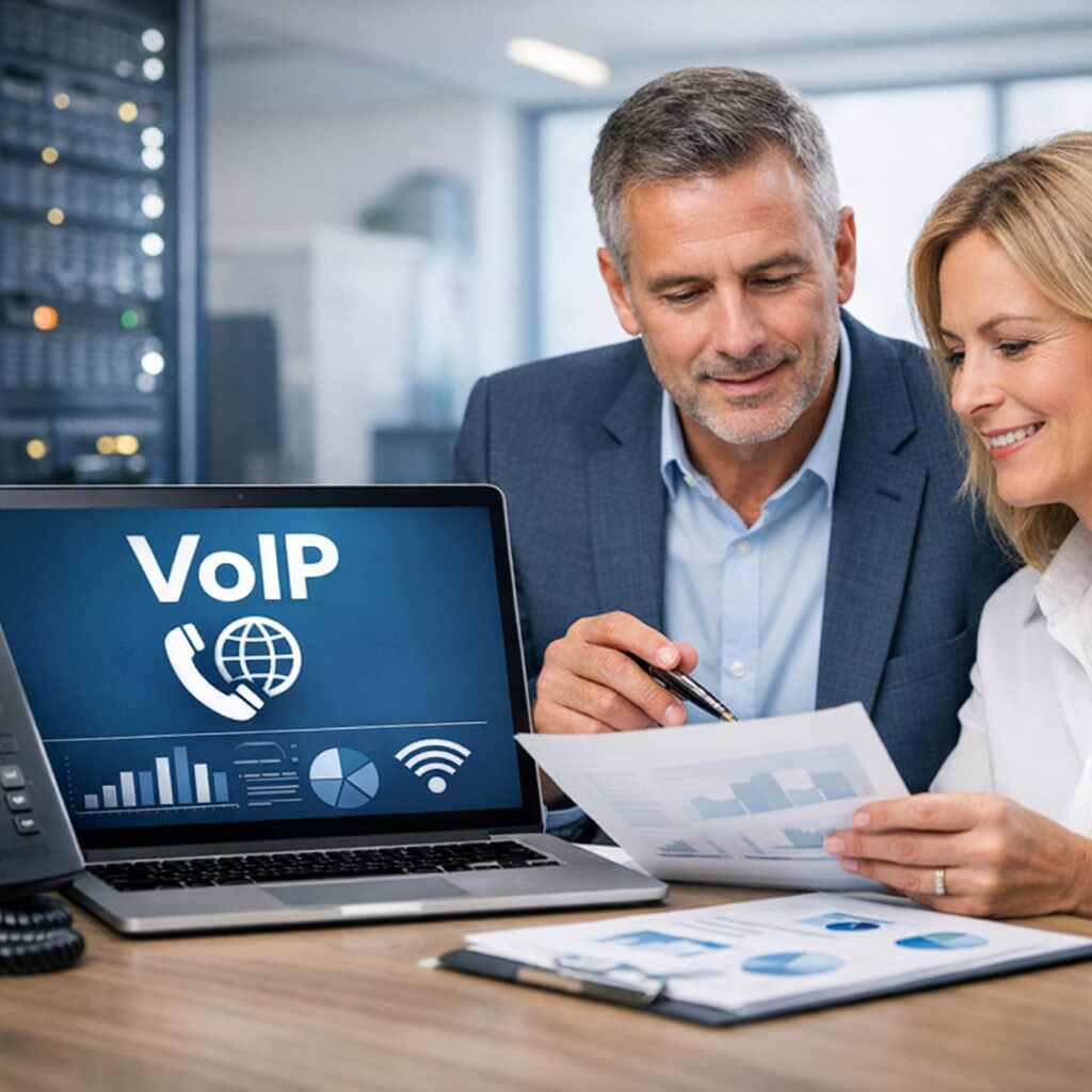 Equipamentos de telefonia VoIP em um ambiente corporativo moderno.