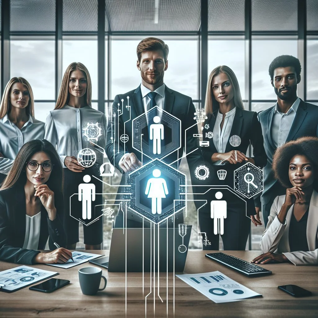 Profissionais de TI colaborando em um ambiente de trabalho moderno e dinâmico.