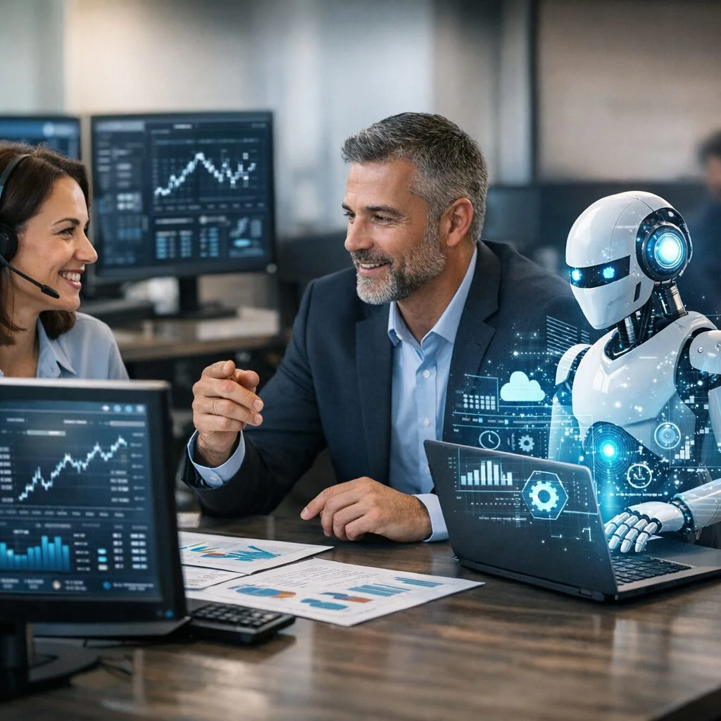 Gráficos e ícones representando automação de processos financeiros com inteligência artificial.