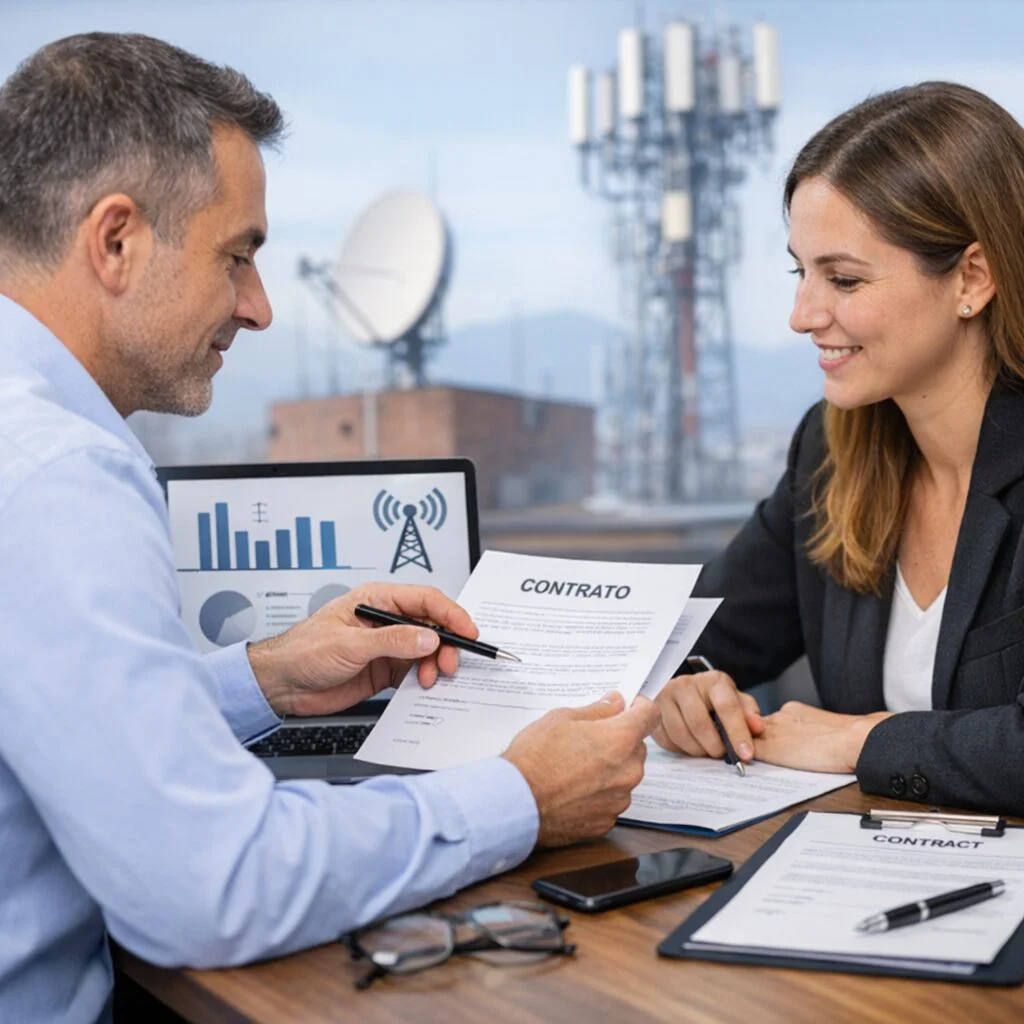 Equipe de profissionais trabalhando na renegociação de contratos de telecomunicações.
