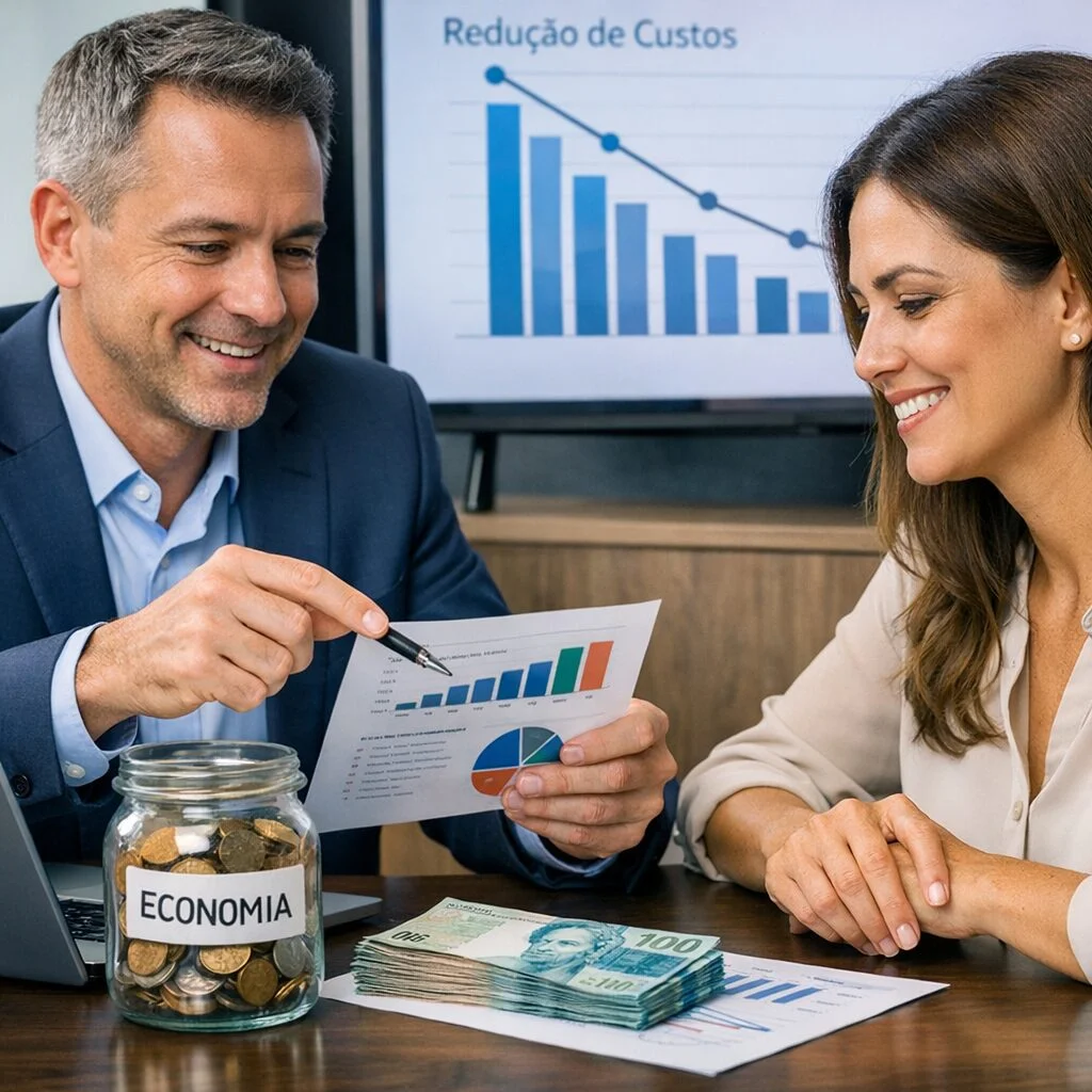 Consultor de telecomunicações analisando dados financeiros de uma empresa.